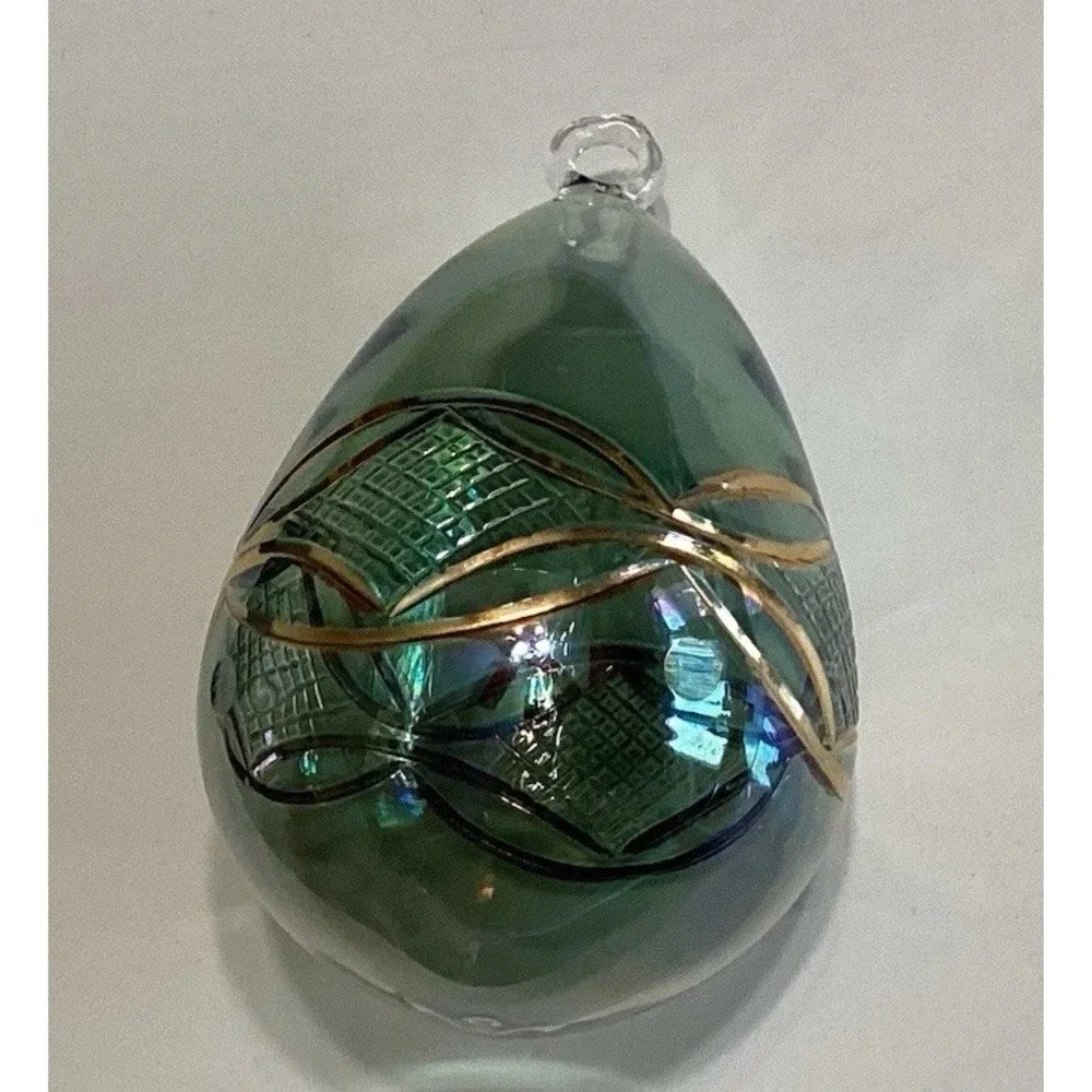 Christmas Ornament Hand Blown Glass Egg Shape Raised‎ Gold Designs Green Tint